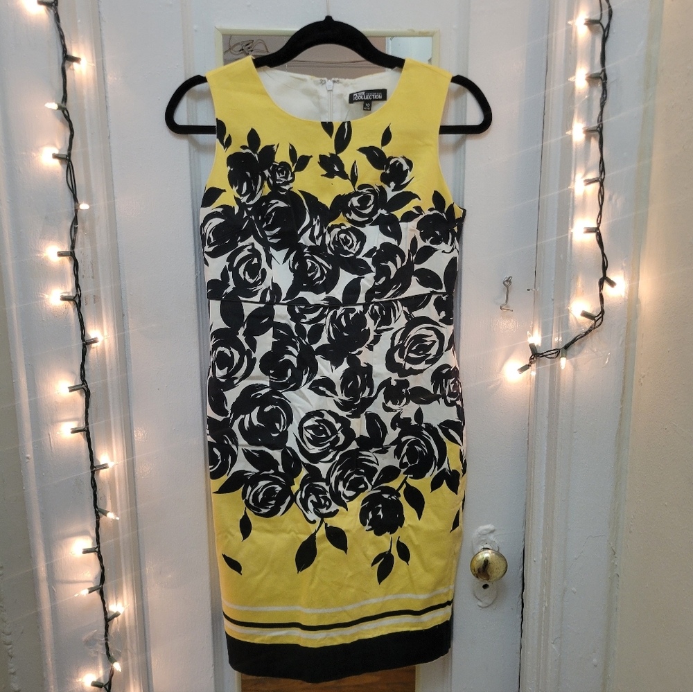 DebenHams UK Label Yellow & Black Floral Midi Dress Coastal Cottagecore Artsy